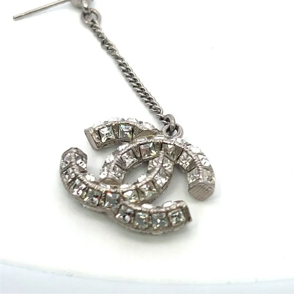 CHANEL Baguette Crystal CC Drop Earrings Silver